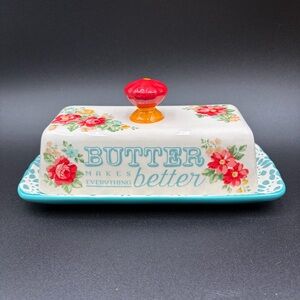 Pioneer Woman Floral Covered Butter Dish With Lid Stoneware Kitchen Farmhouse